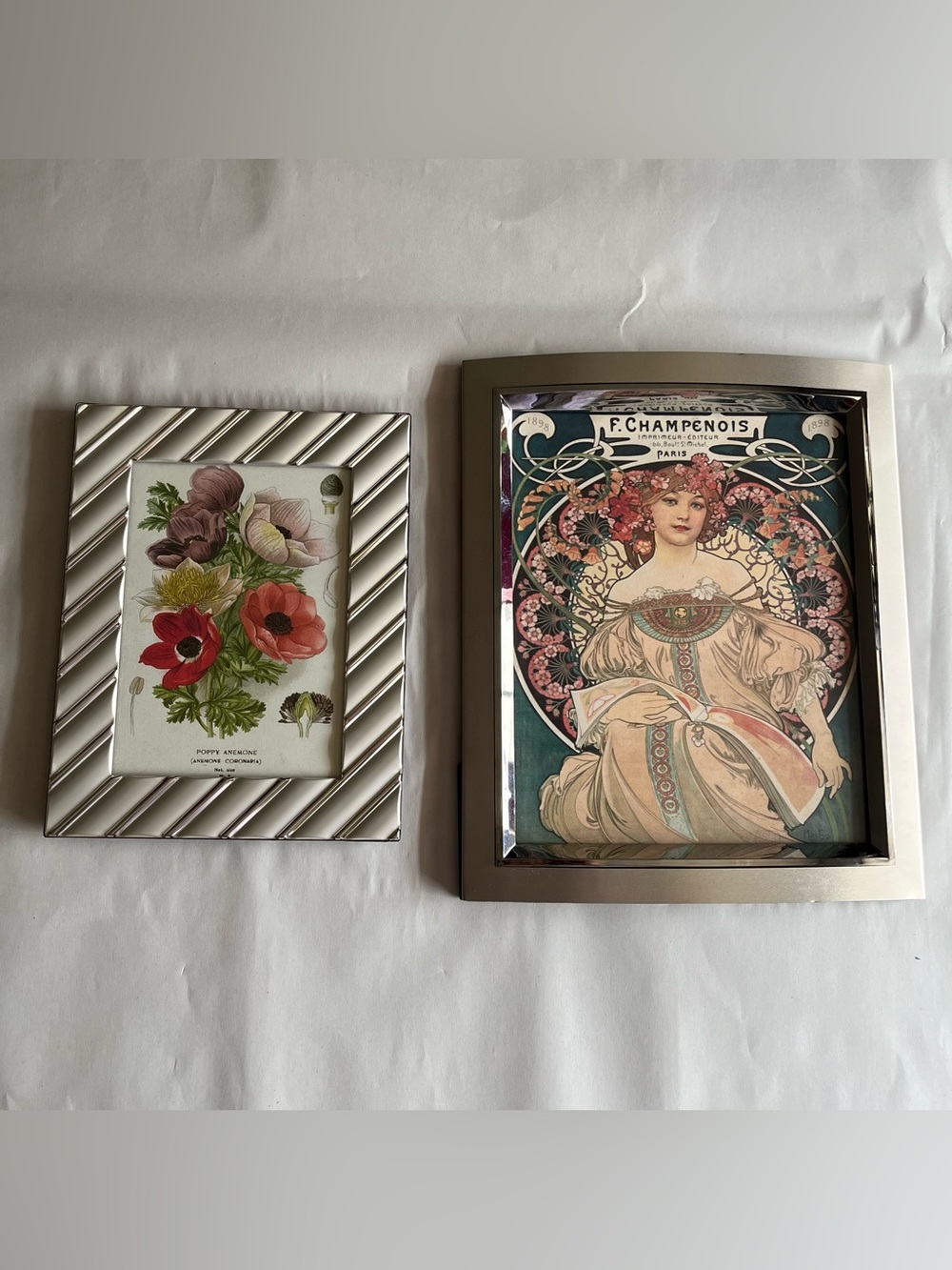 Vintage Silvertone Metal Picture Photo Frames w/ Fine Art Prints-Set of 2